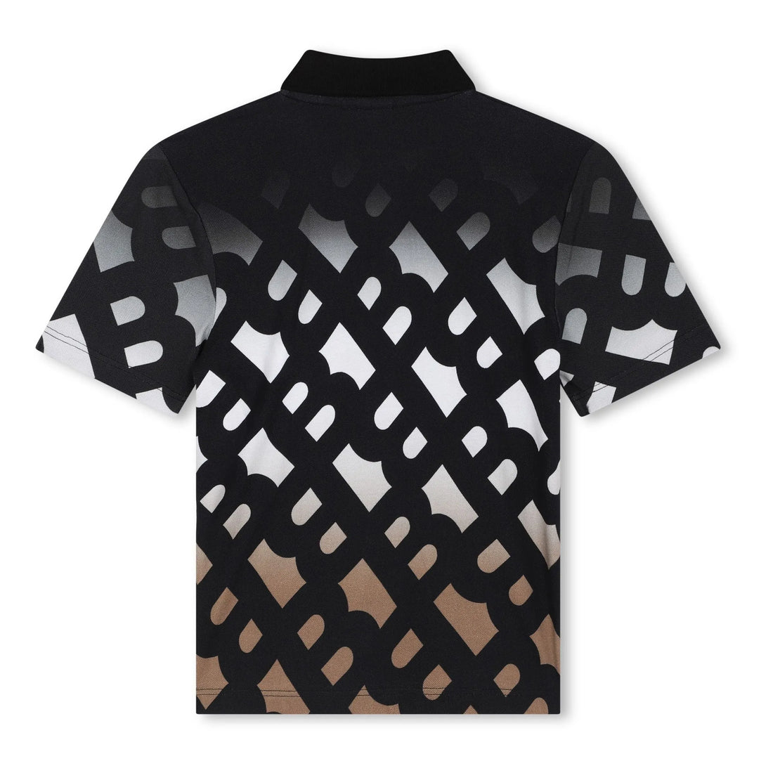BOSS boys black cotton pique short-sleeved polo shirt with a large brown and white ombré effect monogram print, available at Lestyle Boutique 136 Little Collins St.
