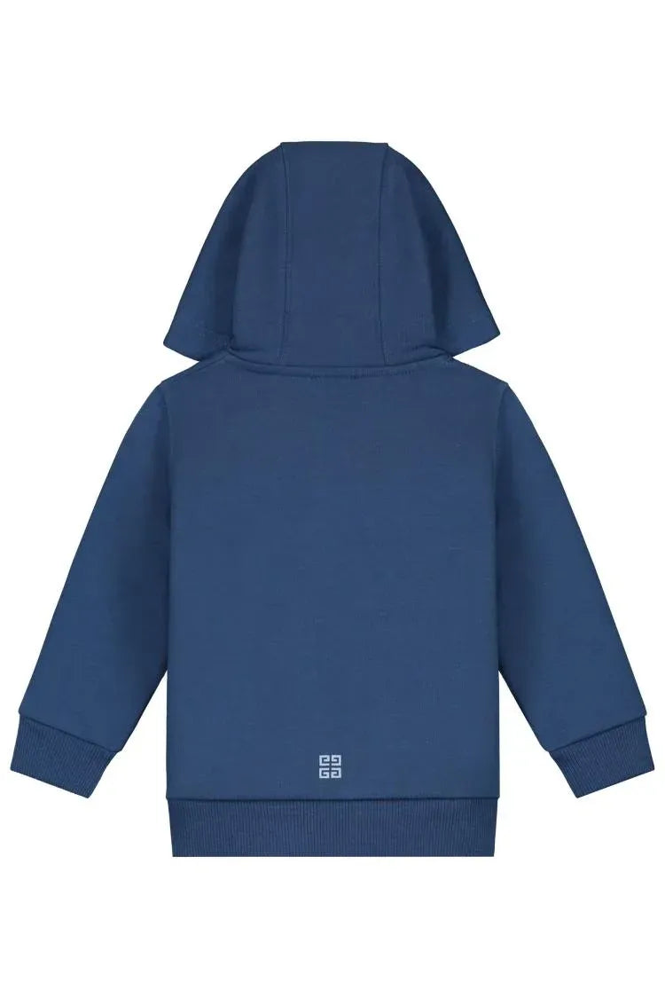 Givenchy Kids blue logo printed long-sleeved hoodie made from a cotton-polyester blend, featuring a zip front and split kangaroo pocket, Made in Italy, available at Lestyle Boutique 136 Little Collins St.