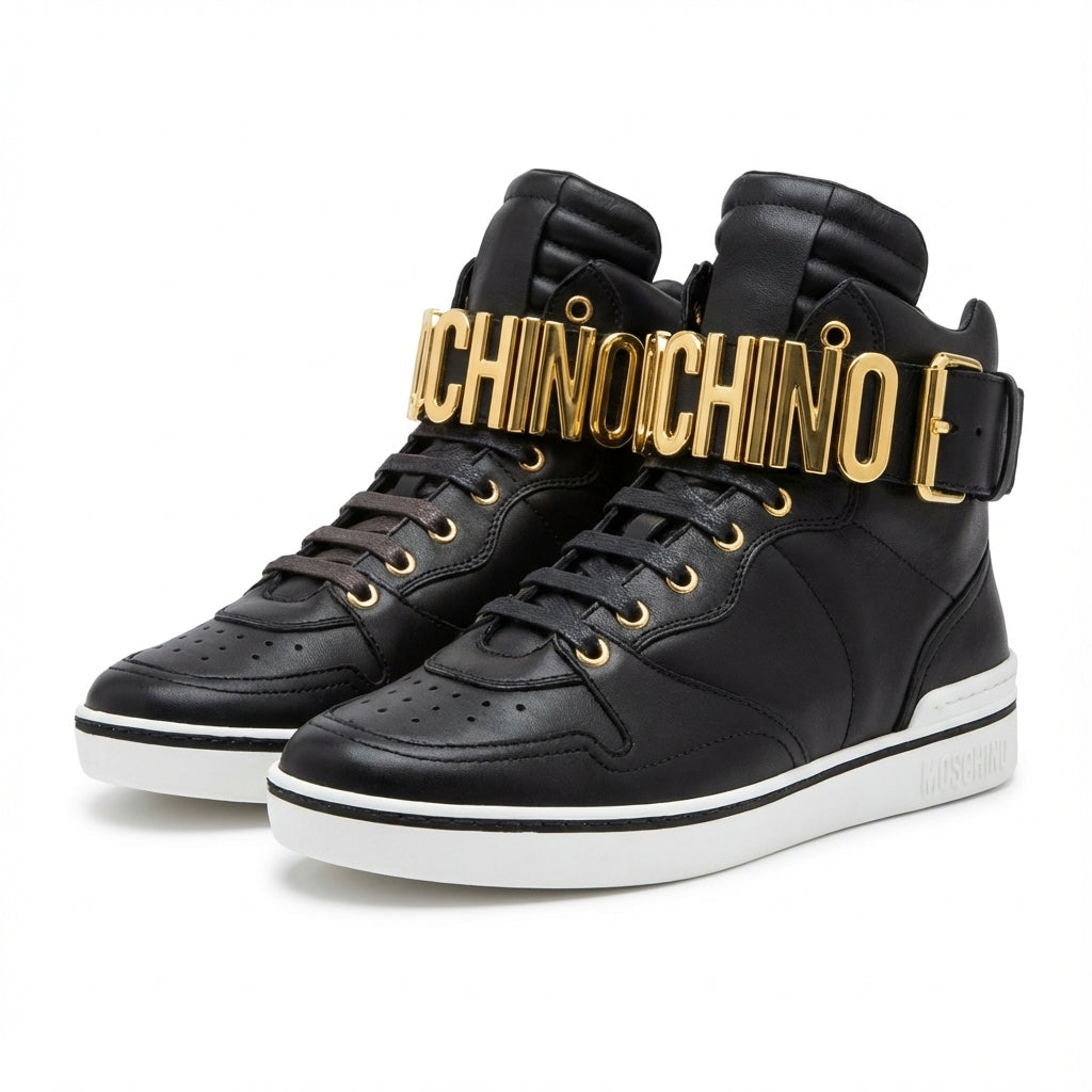 MOSCHINO SNEAKERS featuring bold gold logo available at Lestyle Boutique Melbourne