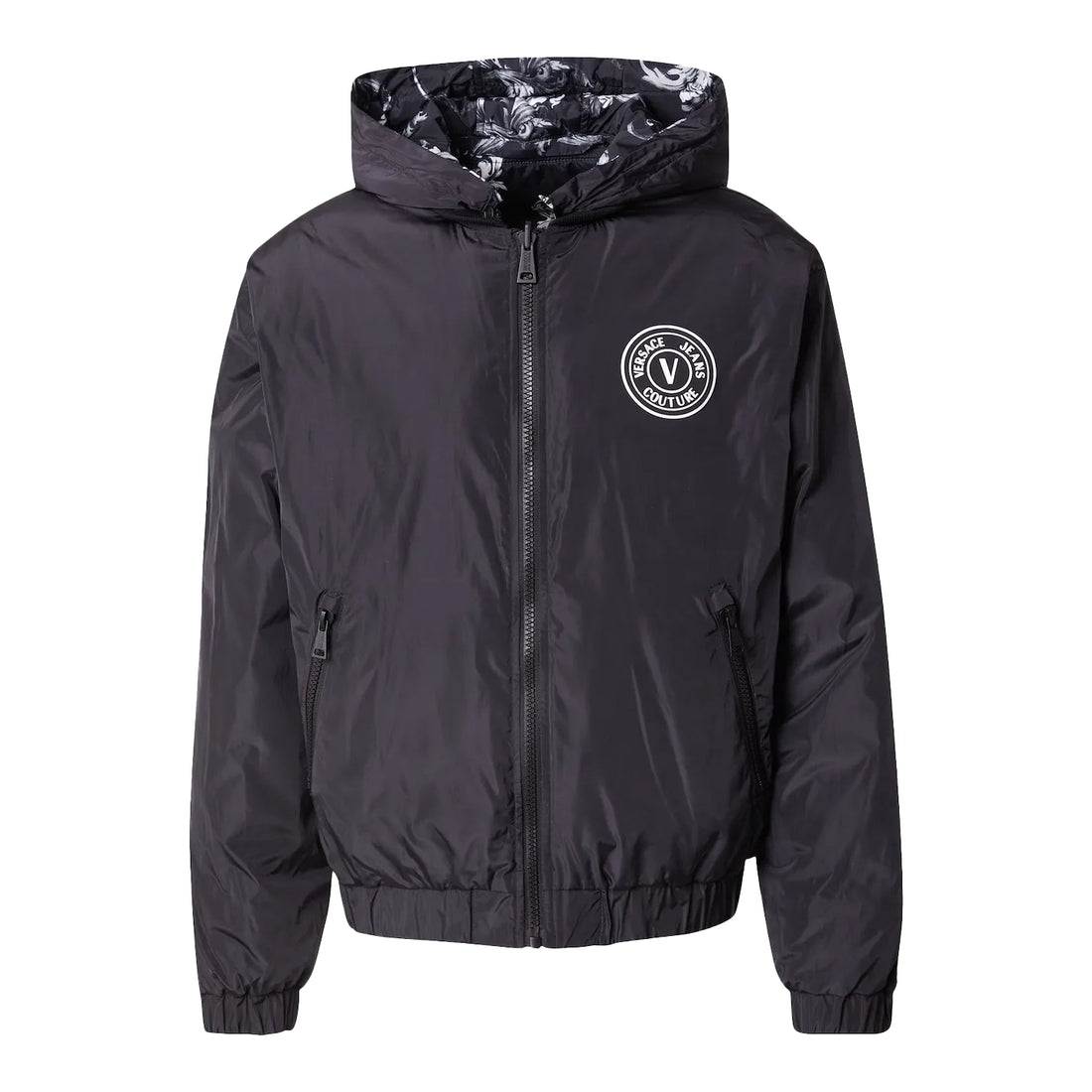 Versace Jeans Couture Barocco Print Between-Season Jacket in black, featuring a reversible design, ribbed crewneck, and zip closure for a stylish and practical outerwear option, available at Lestyle Boutique.