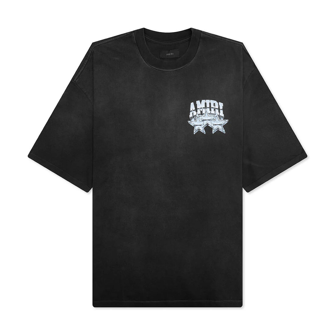 A black oversized championship tee by AMIRI, available at Lestyle Boutique. Featuring bold front and back graphics with distressed details and a vintage wash, this tee combines a statement design with comfort.
