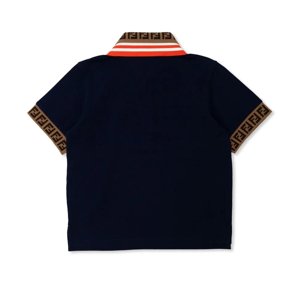 Fendi Kids navy polo shirt with FF motif intarsia on collar and sleeve cuffs, adding a stylish touch, available at Lestyle Boutique Melbourne.