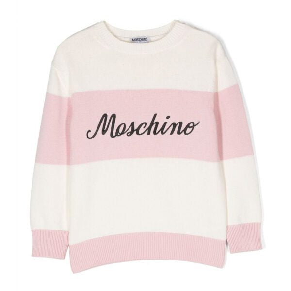 Moschino kids sweatshirt in pink and white with bold logo print and wide horizontal stripes, available at Lestyle Boutique 136 Little Collins St.
