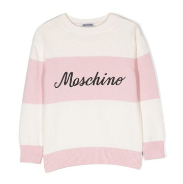 Moschino kids sweatshirt in pink and white with bold logo print and wide horizontal stripes, available at Lestyle Boutique 136 Little Collins St.
