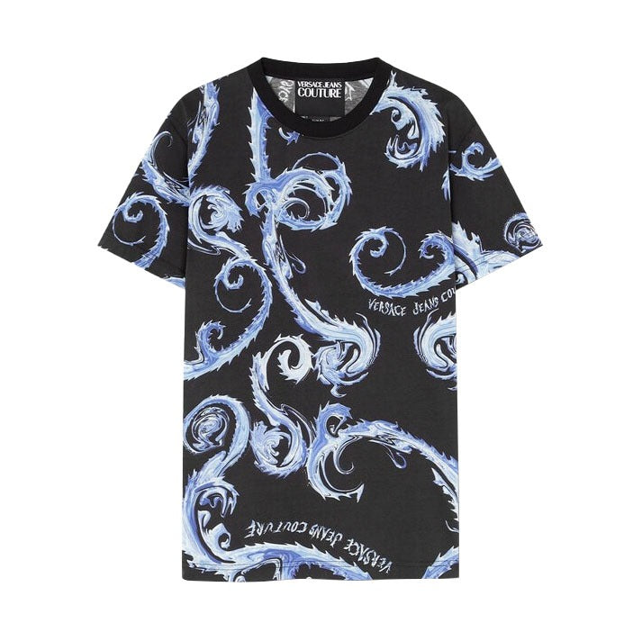 Versace Jeans Couture slim-fit T-shirt in black with blue Chromo Couture print, crew neck, and short sleeves made from 100% cotton, available at Lestyle Boutique 136 Little Collins St.
