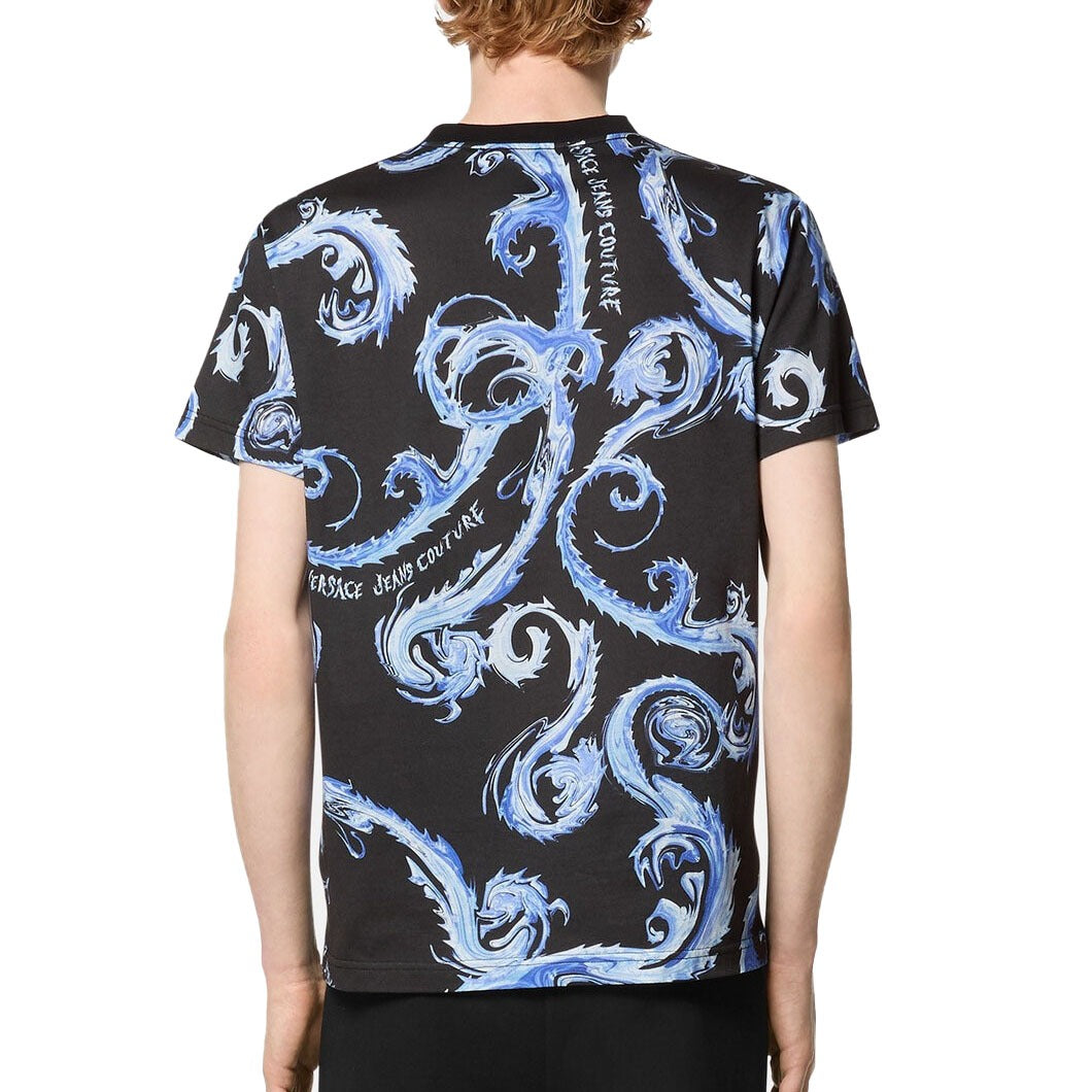 Versace Jeans Couture slim-fit T-shirt in black with blue Chromo Couture print, crew neck, and short sleeves made from 100% cotton, available at Lestyle Boutique 136 Little Collins St.
