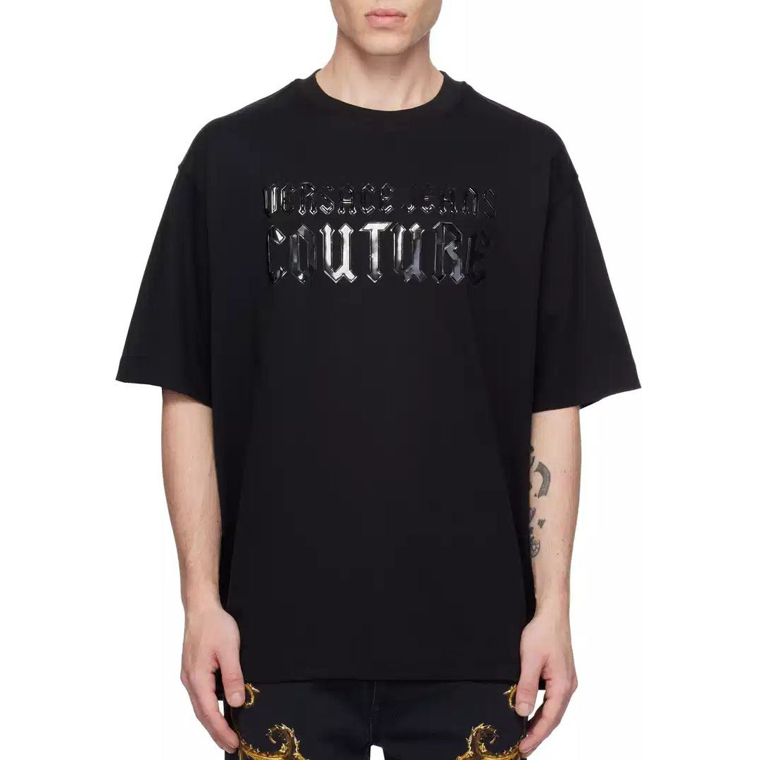 Versace Jeans Couture black cotton T-shirt with gothic vinyl logo, relaxed fit, short sleeves, and crewneck, available at Lestyle Boutique 136 Little Collins St.
