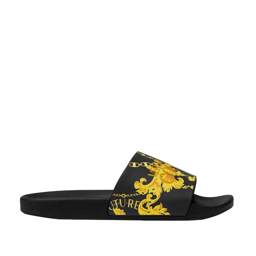 Versace Jeans Couture black and gold slides with Chain Couture print, institutional logo, and moulded sole made from 100% polyurethane, available at Lestyle Boutique 136 Little Collins St.
