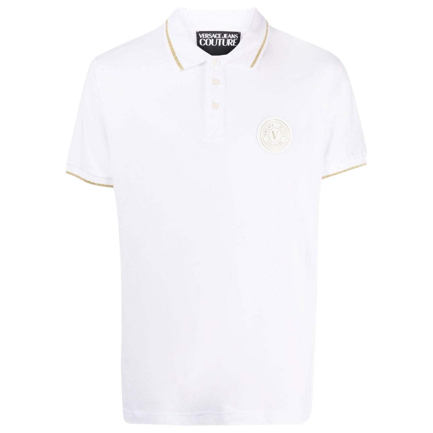Versace Jeans Couture white cotton polo shirt with gold-trim collar and sleeve accents, and plastic chest logo, available at Lestyle Boutique 136 Little Collins St.
