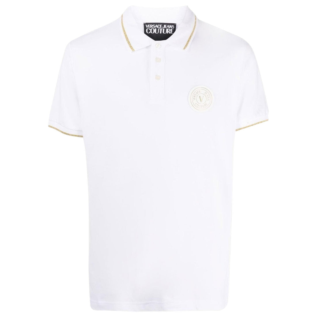 Versace Jeans Couture white cotton polo shirt with gold-trim collar and sleeve accents, and plastic chest logo, available at Lestyle Boutique 136 Little Collins St.
