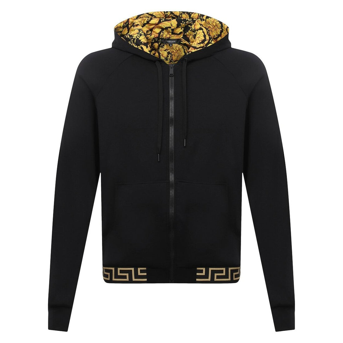 Versace black cotton-blend zip sweatshirt with signature Greca border trim, Barocco print hood lining, drawstring hood, and front zip fastening, available at Lestyle Boutique 136 Little Collins St.
