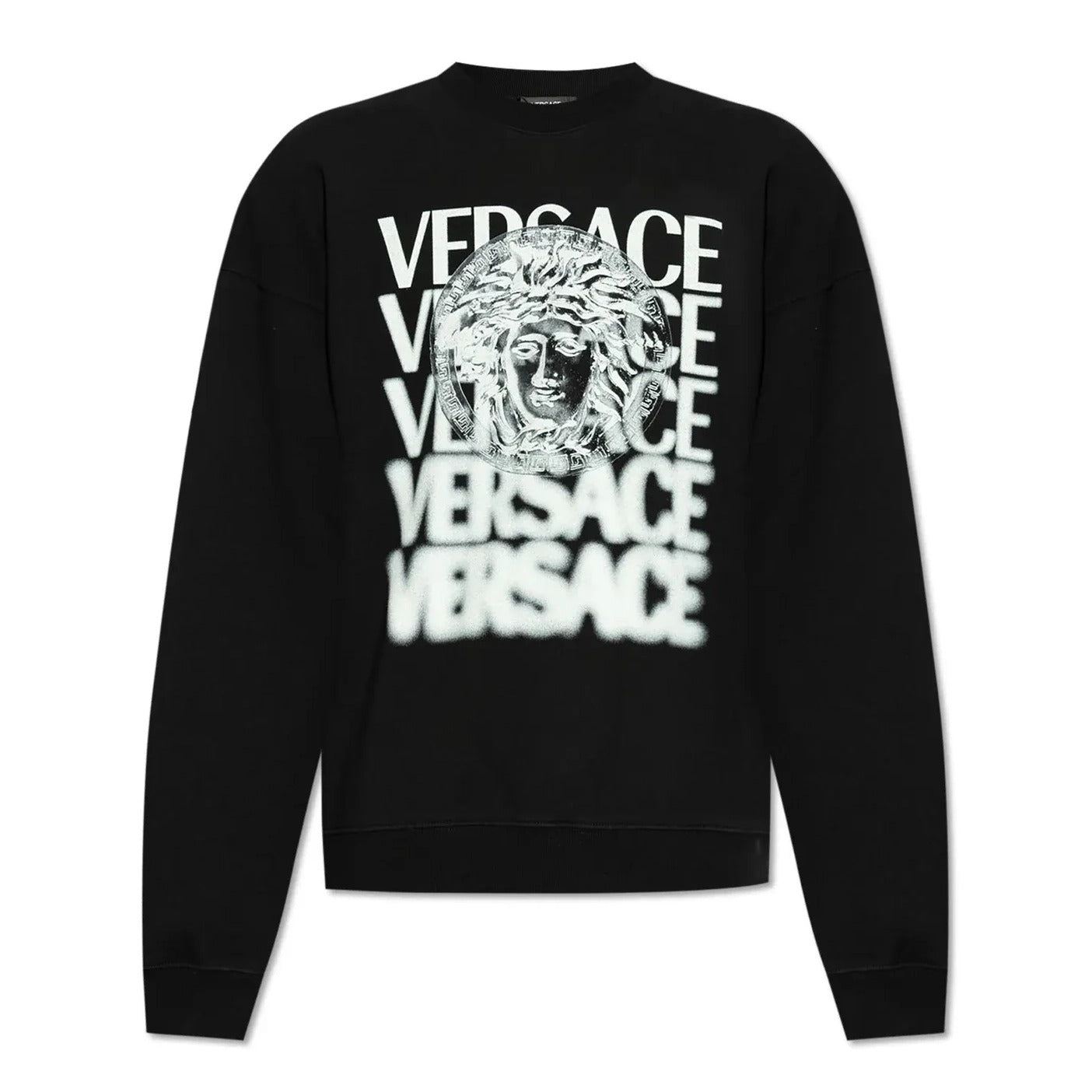 Versace black cotton sweatshirt with bold Medusa head motif and repeated Versace logo lettering, featuring a crewneck and ribbed cuffs, made in Tunisia, available at Lestyle Boutique 136 Little Collins St.
