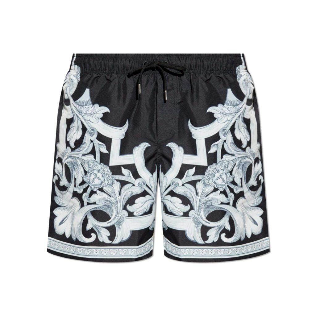 Versace multicolour silk shorts with Medusa Amplified print, elasticated waistband, side inset pockets, and rear patch pocket, made in Italy, available at Lestyle Boutique 136 Little Collins St.
