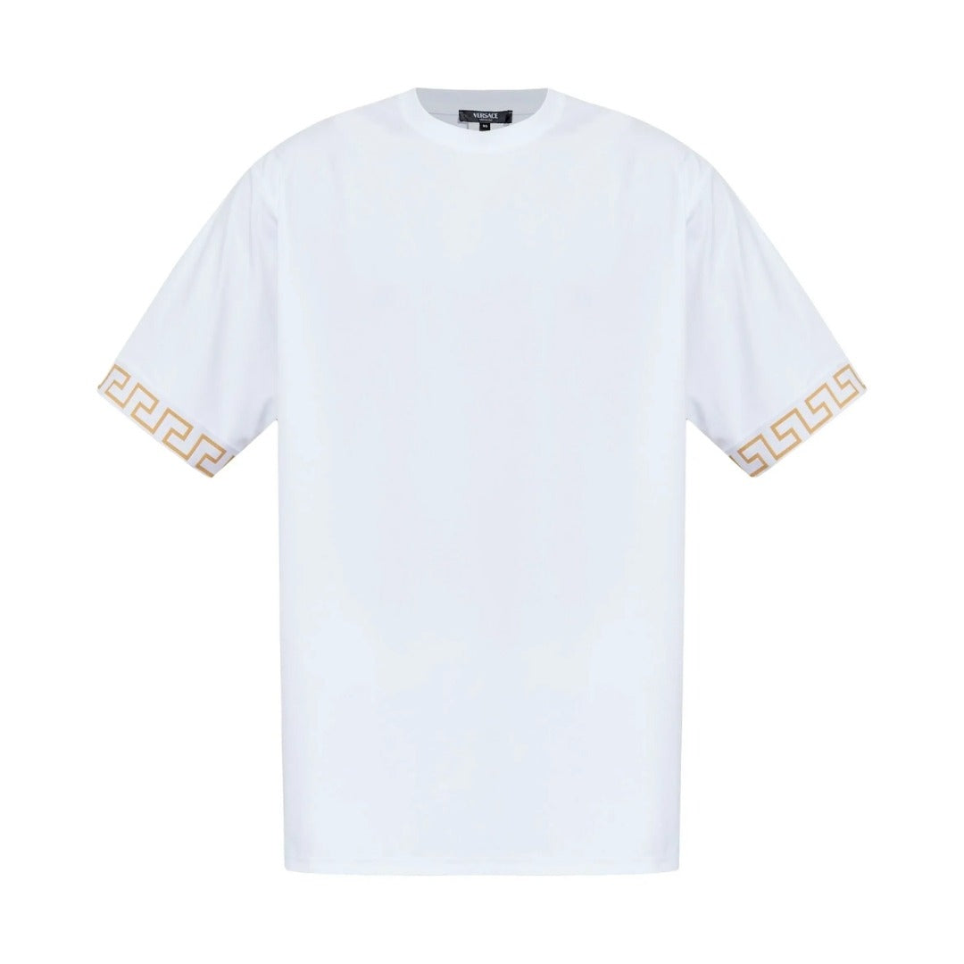 Versace white cotton T-shirt with gold Greca motif on the sleeves, featuring a crew neck, short sleeves, and straight hem, made in Italy, available at Lestyle Boutique 136 Little Collins St.
