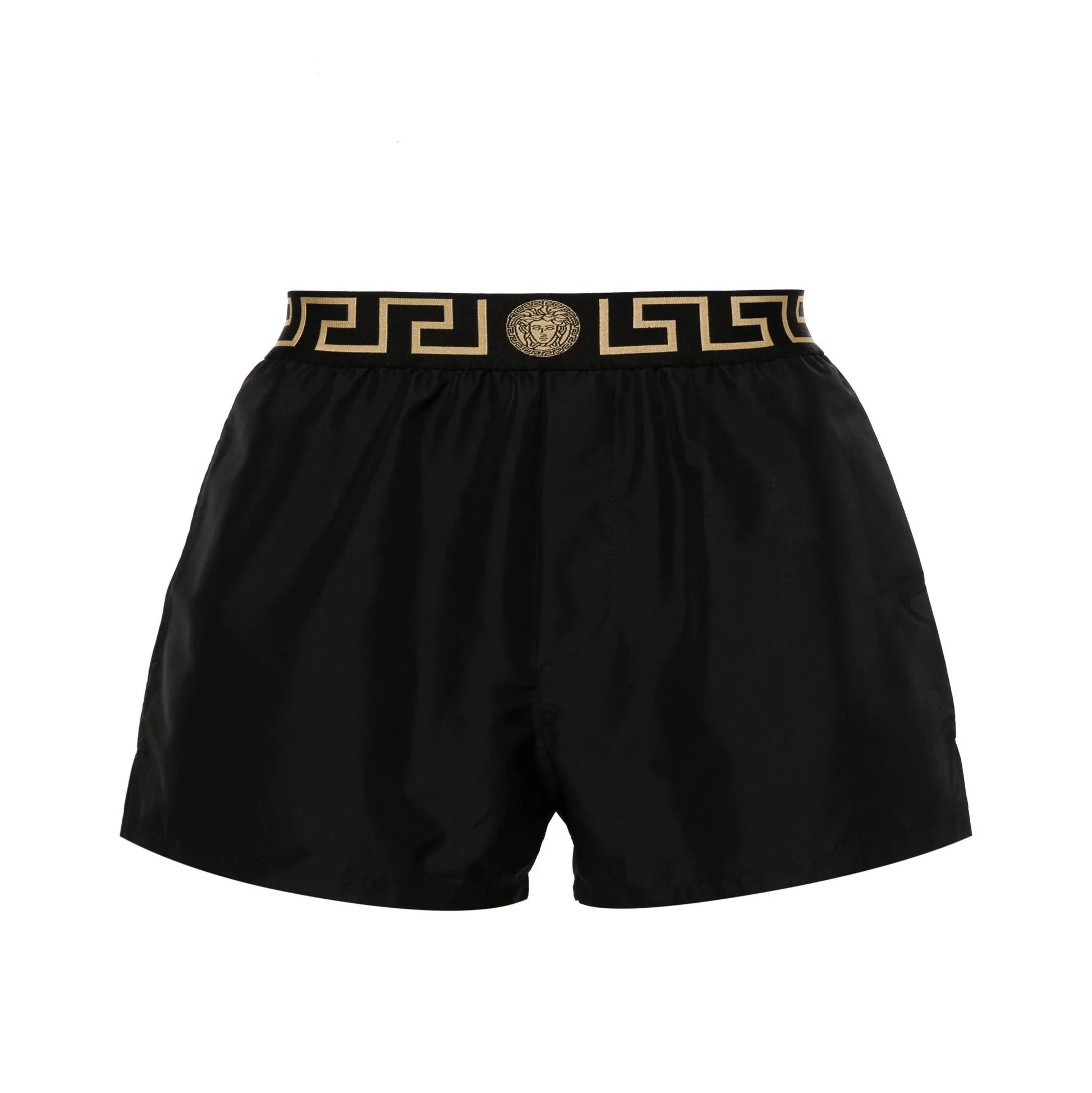 Versace black swim shorts with elasticated Greca border waistband and central Medusa motif, made from 100% polyester, made in Italy, available at Lestyle Boutique 136 Little Collins St.
