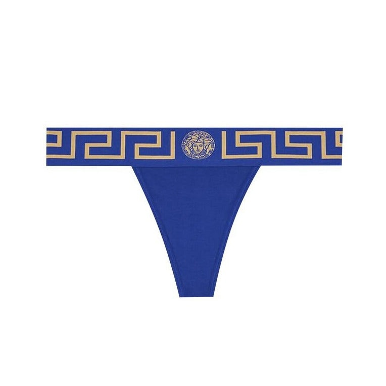 Versace blue V-silhouette thong featuring a Medusa and Greca motif on the elasticated waistband, made from cotton and elastane blend, available at Lestyle Boutique 136 Little Collins St.
