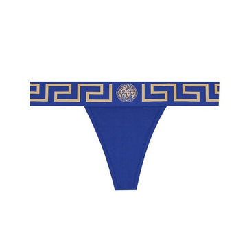 Versace blue V-silhouette thong featuring a Medusa and Greca motif on the elasticated waistband, made from cotton and elastane blend, available at Lestyle Boutique 136 Little Collins St.
