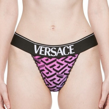 Versace multicolour thong with La Greca print in pink and yellow, black waistband with bold Versace logo, available at Lestyle Boutique 136 Little Collins St.
