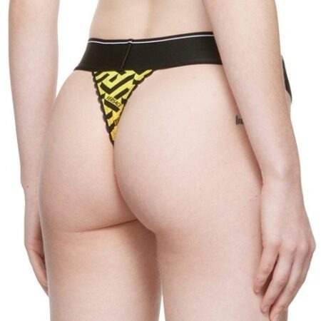 Versace multicolour thong with La Greca print in pink and yellow, black waistband with bold Versace logo, available at Lestyle Boutique 136 Little Collins St.
