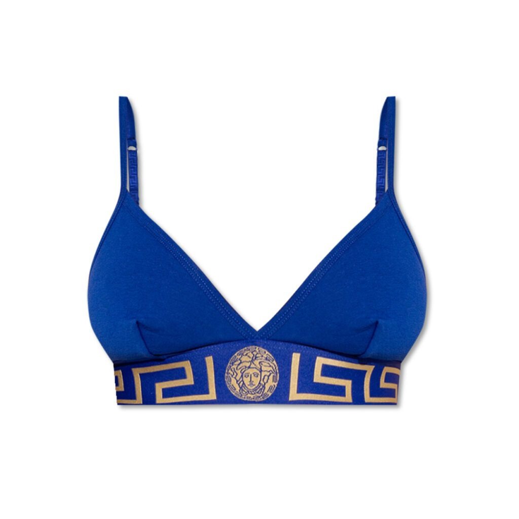 Versace blue bralette with stretch cotton fabric, Greca motif underband, Medusa head emblem, and hook and eye fastening, available at Lestyle Boutique 136 Little Collins St.
