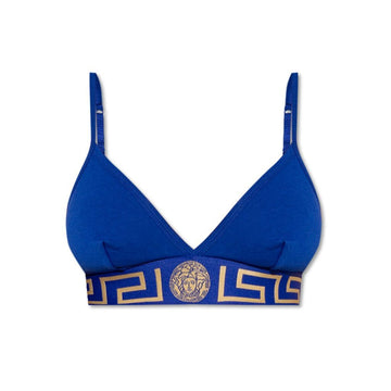 Versace blue bralette with stretch cotton fabric, Greca motif underband, Medusa head emblem, and hook and eye fastening, available at Lestyle Boutique 136 Little Collins St.
