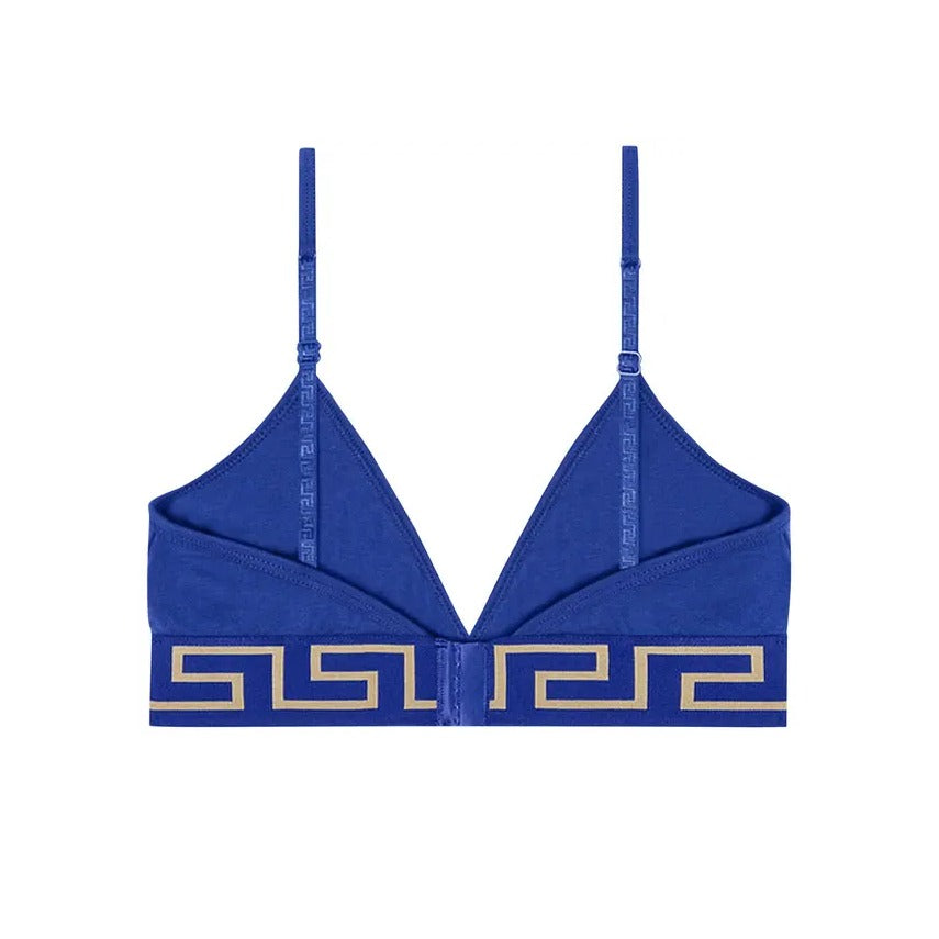 Versace blue bralette with stretch cotton fabric, Greca motif underband, Medusa head emblem, and hook and eye fastening, available at Lestyle Boutique 136 Little Collins St.
