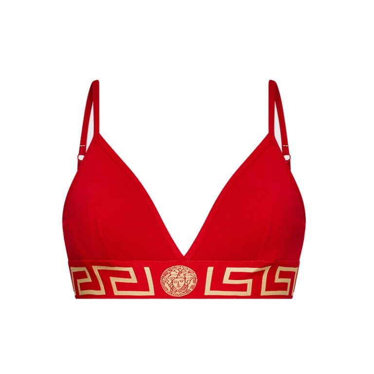 Versace red bralette with stretch cotton fabric, Greca motif underband, Medusa head emblem, and hook and eye fastening, available at Lestyle Boutique 136 Little Collins St.
