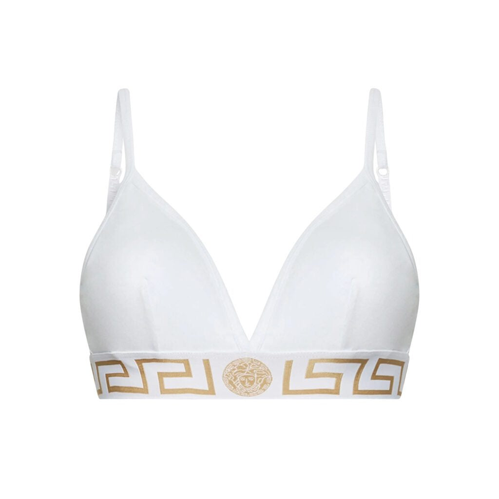 Versace white bralette with stretch cotton fabric, Greca motif underband, Medusa head emblem, and hook and eye fastening, available at Lestyle Boutique 136 Little Collins St.
