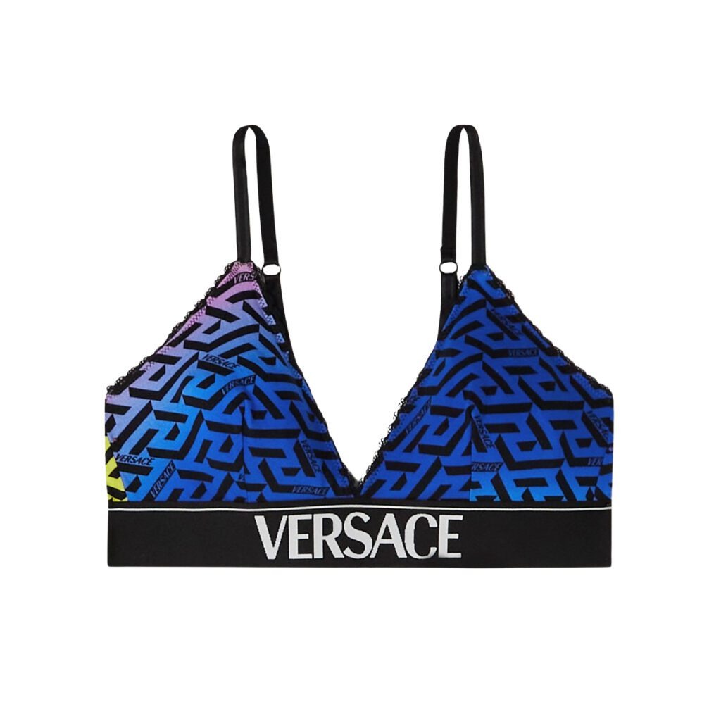 Versace multicolour cotton bralette with La Greca print, black underband with logo, hook and eye closure, and adjustable shoulder straps, available at Lestyle Boutique 136 Little Collins St.
