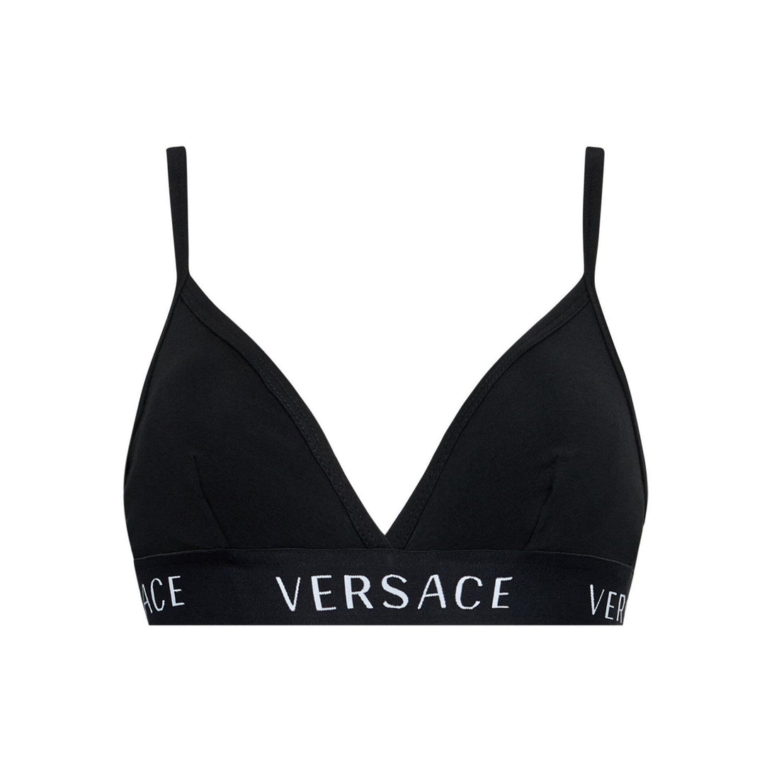 Versace black cotton bralette with white logo branded underband, hook and eye closure, and adjustable straps, available at Lestyle Boutique 136 Little Collins St.
