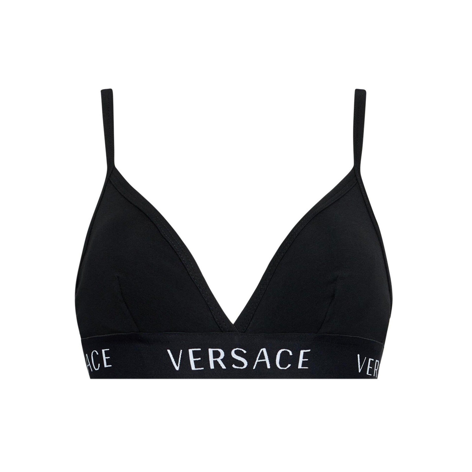 Versace black cotton bralette with white logo branded underband, hook and eye closure, and adjustable straps, available at Lestyle Boutique 136 Little Collins St.
