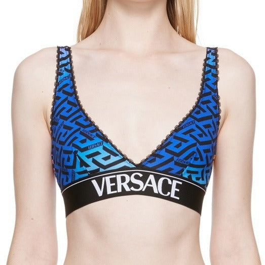 Versace multicolour cotton bralette with La Greca pattern, black logo underband, adjustable straps, and hook and eye closure, available at Lestyle Boutique 136 Little Collins St.
