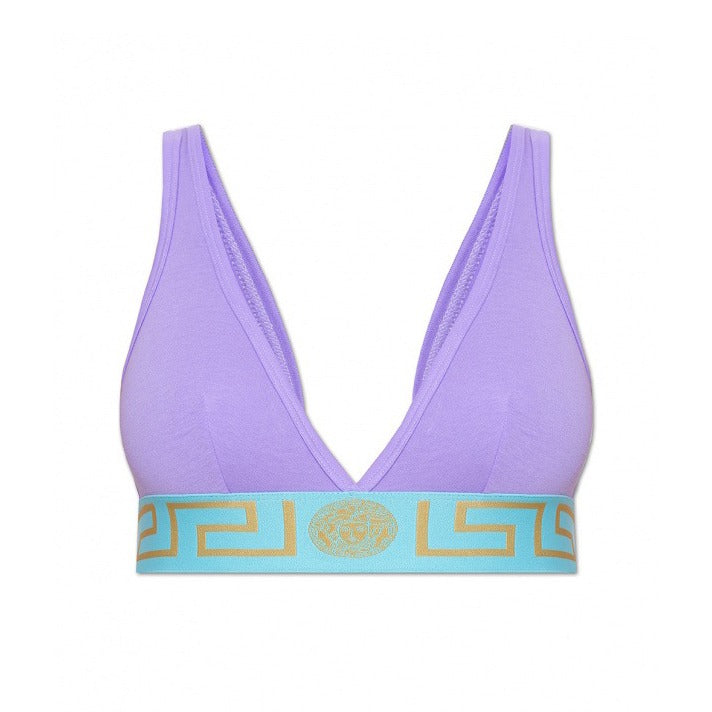 Versace light purple cotton bralette with light blue Greca underband and beige Medusa emblem, featuring hook and eye closure, available at Lestyle Boutique 136 Little Collins St.
