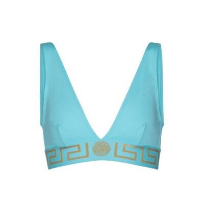 Versace splash blue cotton blend triangle bralette with gold-tone Greca underband and Medusa head emblem, V-neck cut, and rear clasp fastening, available at Lestyle Boutique 136 Little Collins St.
