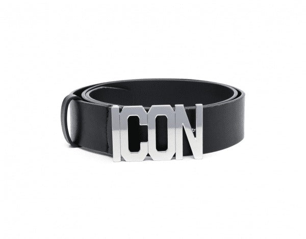 Black belt with a silver 'ICON' buckle on a white background
