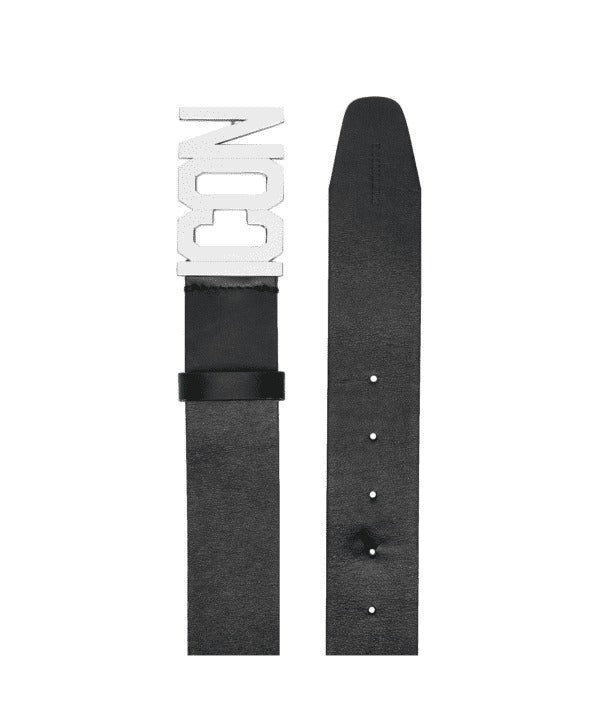 Black belt with a silver 'ICON' buckle on a white background
