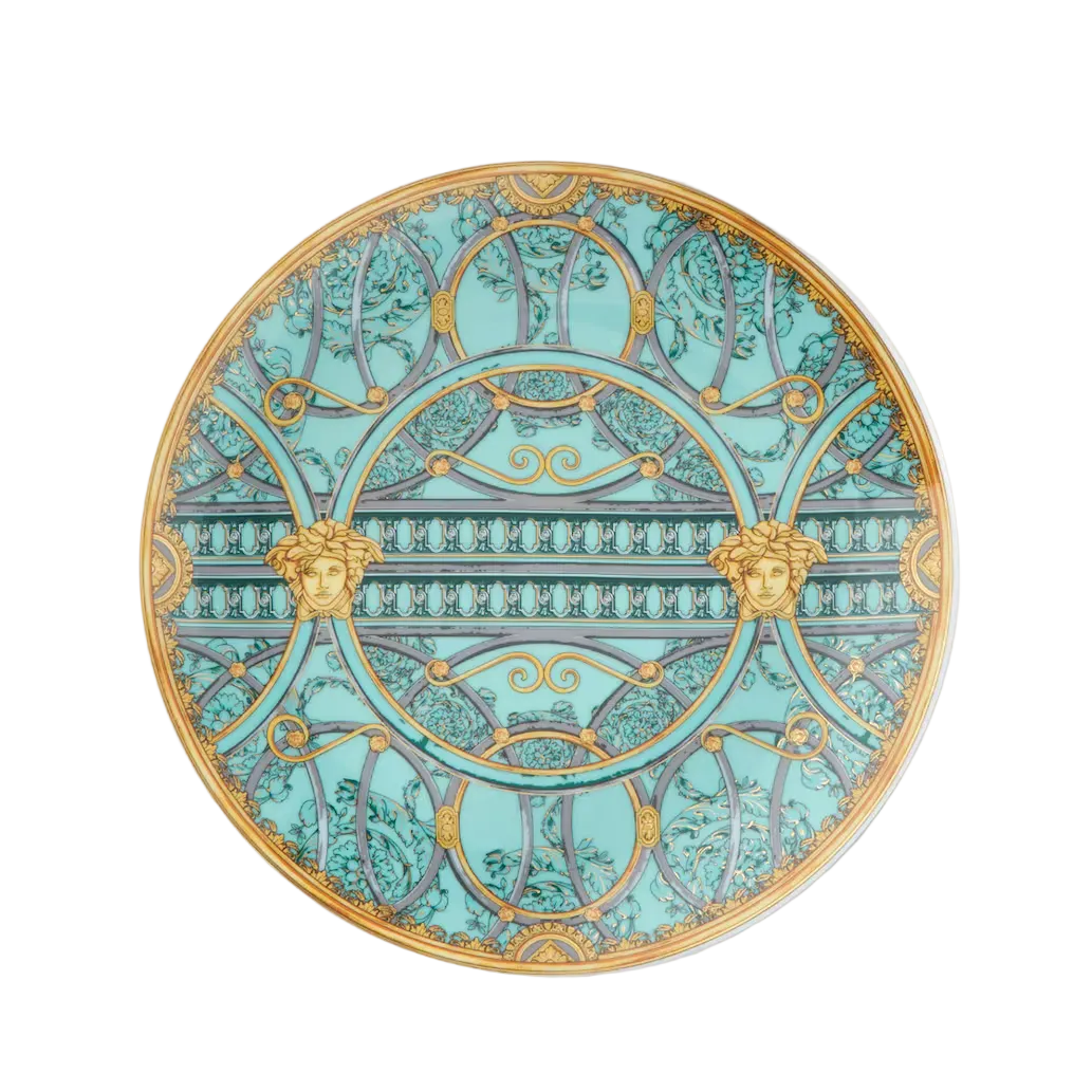 Versace plate featuring intricate gold details and turquoise background available at Lestyle Boutique Melbourne