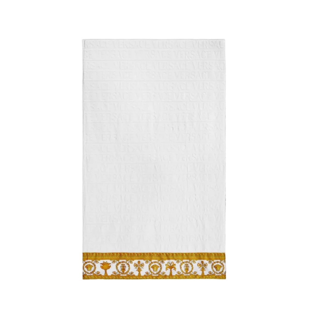 A white kitchen towel with a decorative gold and white patterned border along the bottom, displayed flat against a light gray background.