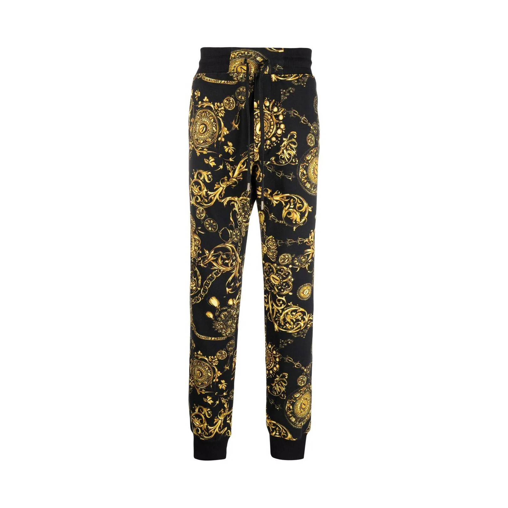 Versace Jeans Couture sweatpants in black and yellow with baroque print, elasticated drawstring waistband, and cotton fabric, available at Lestyle Boutique 136 Little Collins St.
