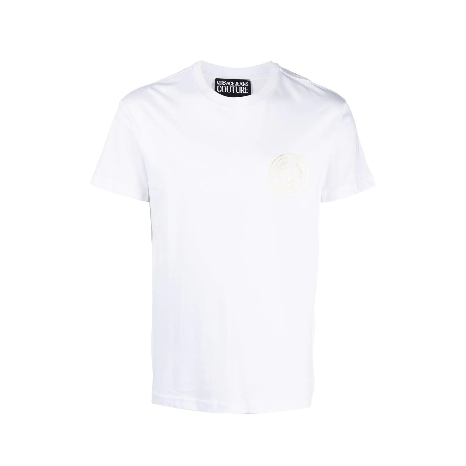 Versace Jeans Couture white cotton T-shirt with logo print at the chest, crew neck, short sleeves, and straight hem, available at Lestyle Boutique 136 Little Collins St.
