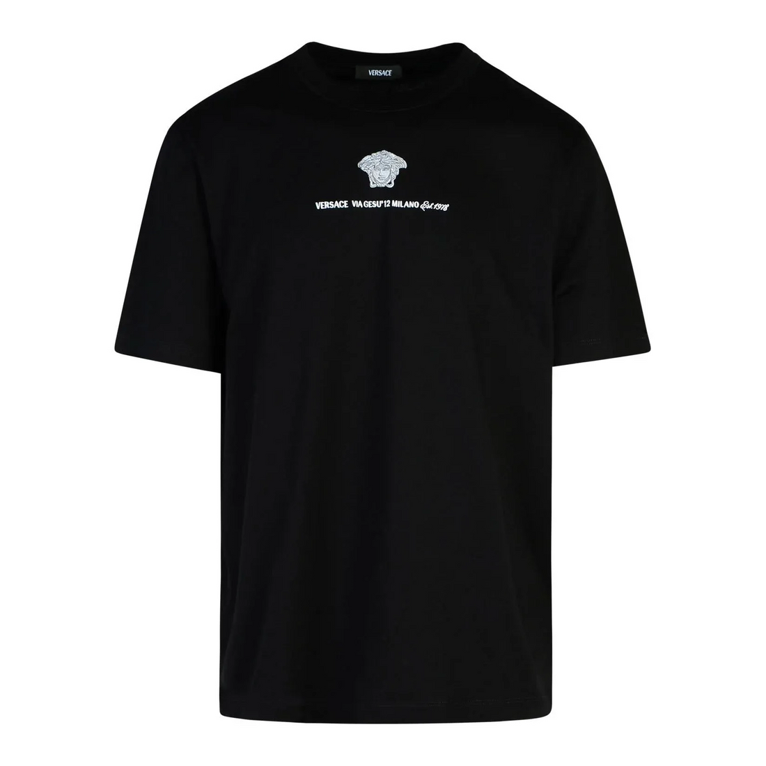 Versace black cotton T-shirt with embroidered Medusa logo and signature text on the chest, crewneck design and short sleeves, made in Tunisia, available at Lestyle Boutique 136 Little Collins St.
