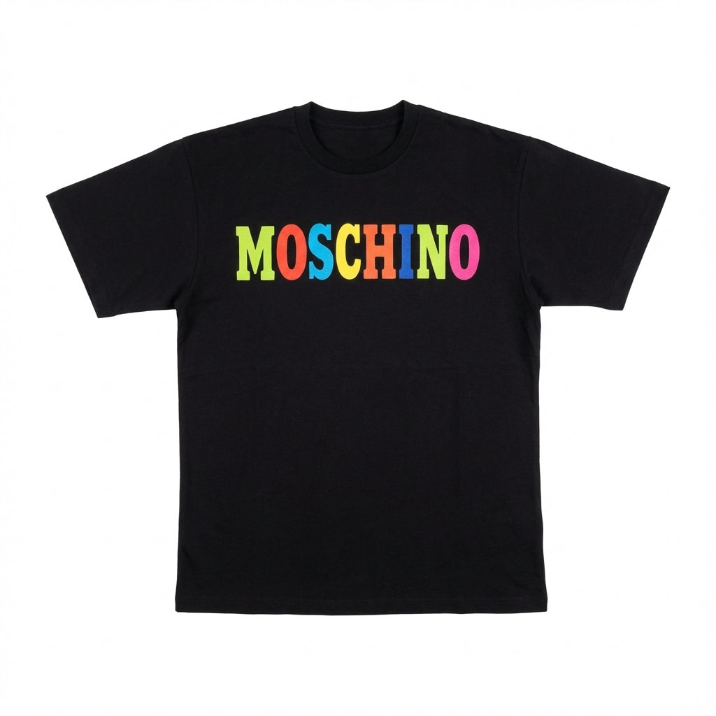 Moschino t-shirt featuring rainbow logo print available at Lestyle Boutique Melbourne