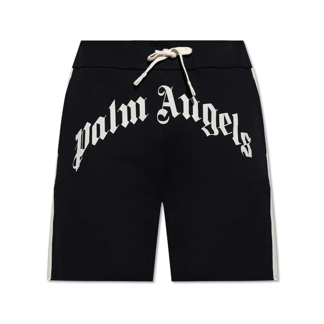 Palm Angels black logo-printed drawstring track shorts with side stripe detailing, available at Lestyle Boutique.
