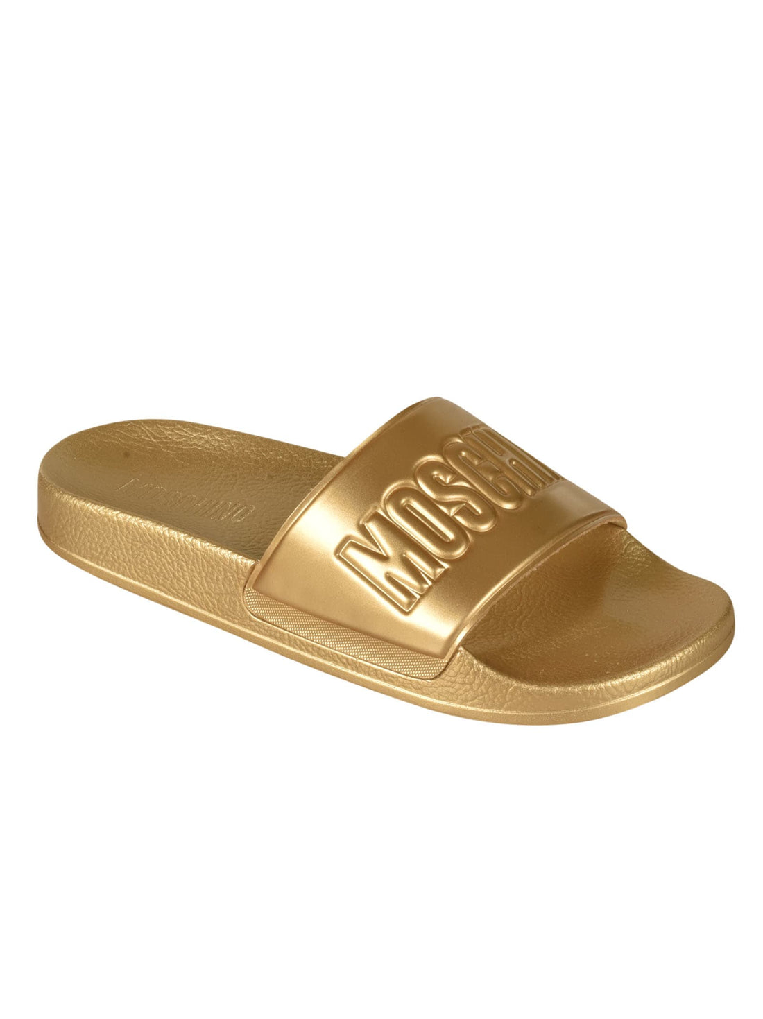 Moschino logo-embossed gold sliders featuring the Moschino logo available at Lestyle Boutique Melbourne