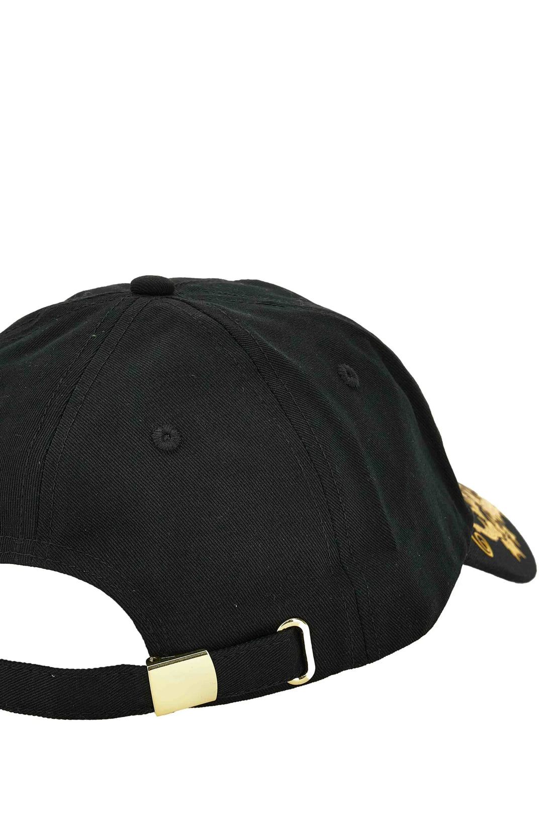 Versace Jeans Couture Black Hat with golden Barocco motif and logo lettering, crafted from 100% cotton for a casual yet luxurious look, available at Lestyle Boutique.