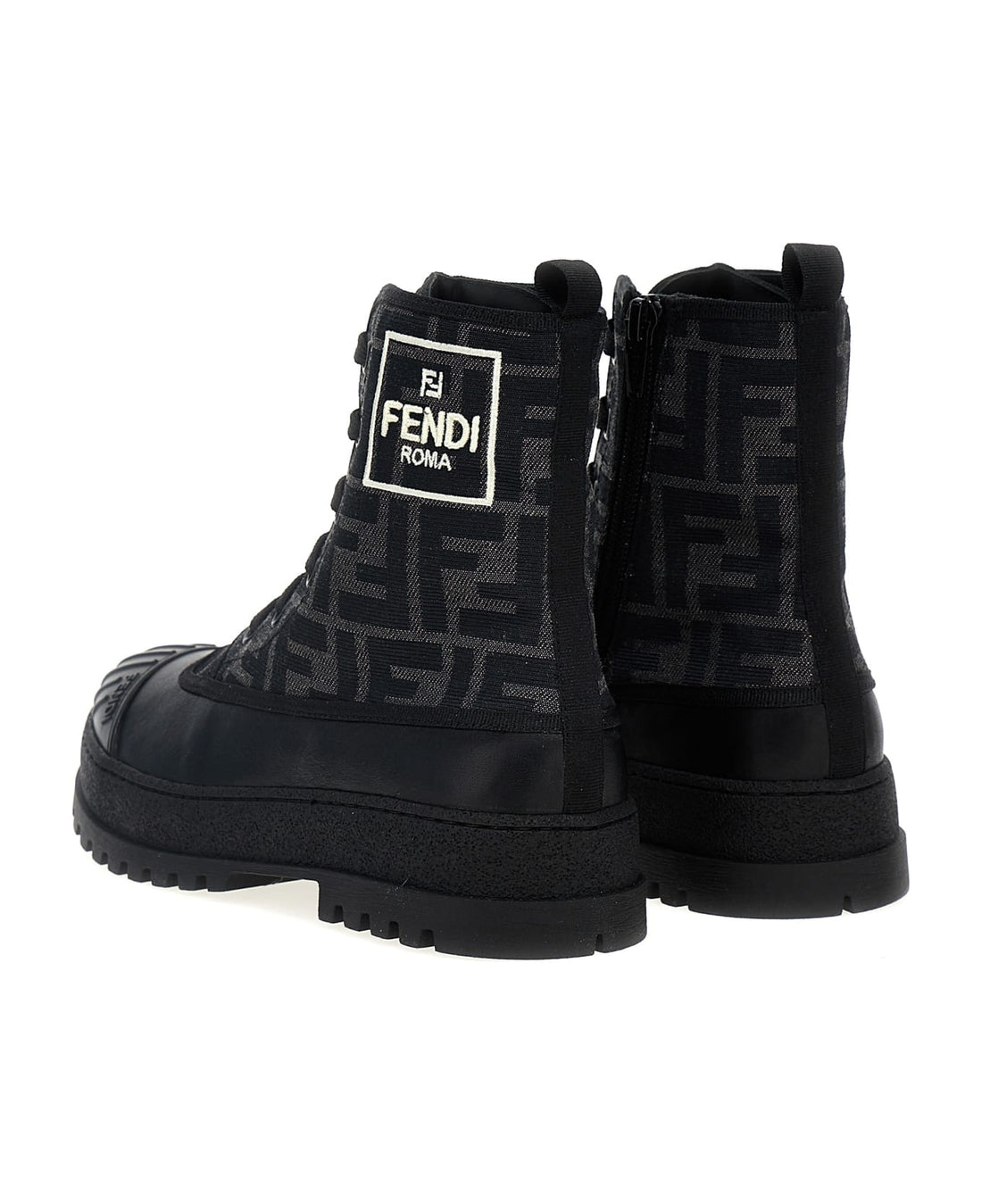 Fendi Roma ankle boots in black and grey featuring FF monogram canvas, available at Lestyle Boutique Melbourne.