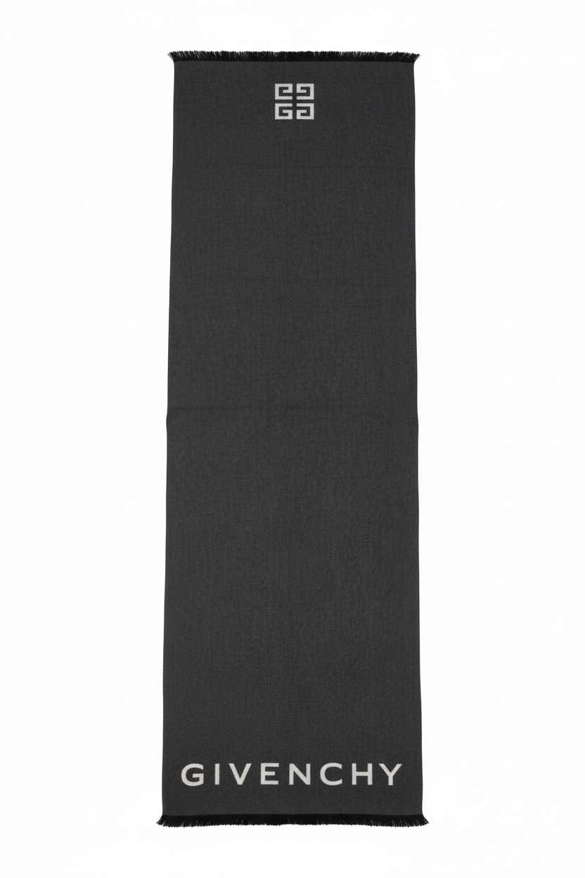 Givenchy scarf featuring fringe edge and geometric logo pattern available at Lestyle Boutique Melbourne
