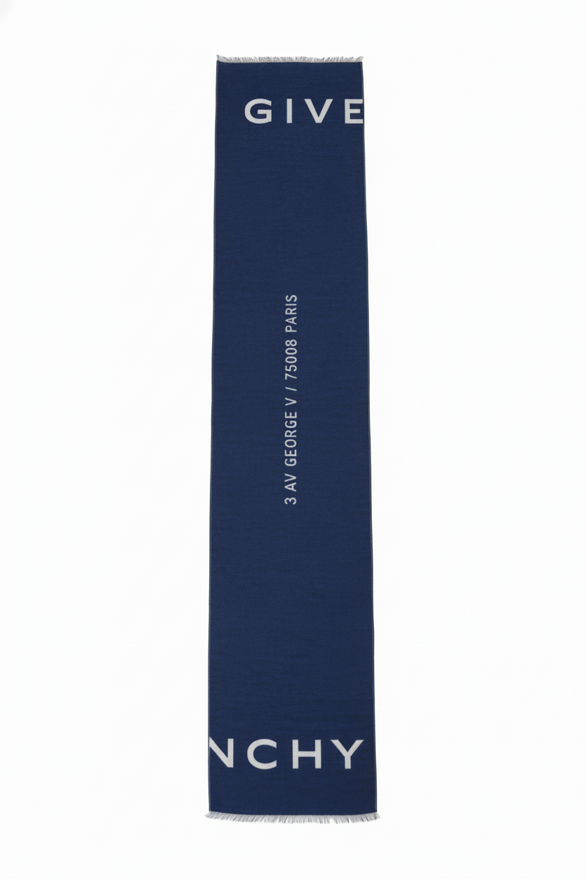 GIVENCHY scarf featuring address text print on blue fabric available at Lestyle Boutique Melbourne