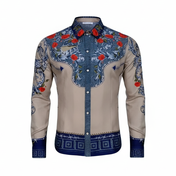 Beige shirt with blue and red floral embroidery on a white background