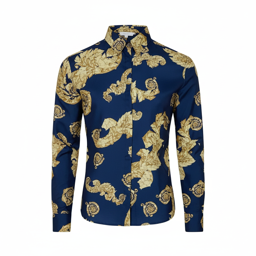 Blue shirt with gold baroque pattern on a white background